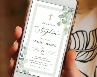 Eucalyptus baptism digital Invitation greenery baptism phone invite Template soft green Electronic baptism invite text invite Phone Invite