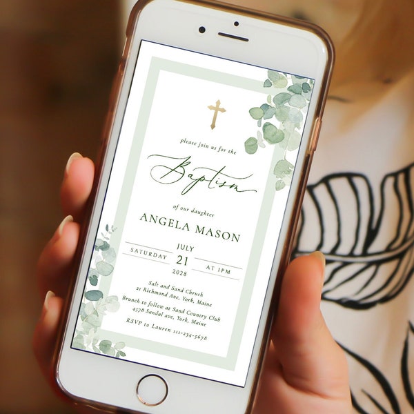 Invito digitale per battesimo all'eucalipto Invito telefonico per battesimo nel verde Modello soft green Invito per battesimo elettronico Invito tramite testo Invito telefonico