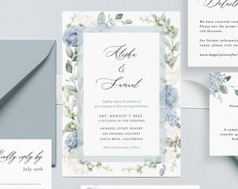 Steel blue floral Wedding Invitation Template dusty blue editable wedding invitation Printable Wedding Invitation Download template Grace