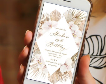 digital Boho orchid birthday card,Text electronic orchid party Invitation,pampas grass boho birthday party phone Invitation,Palm leaf Party