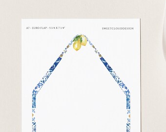 Lemon and blue tile Envelope Liner Template,Mediterranean Envelope liner,Itlay blue tile Envelope Liner,citrus Envelope,Printable liner