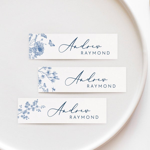 duty blue thin Place Card Template blue floral slim name card blue flower table name card Editable Place Card blue and White Place Card