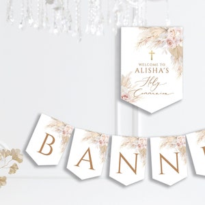 Boho Heilige Kommunion Banner Vorlage Blush Pampas Gras Party Wimpelkette Banner Gold Kreuz Heilige Kommunion Blush Rose Partybanner