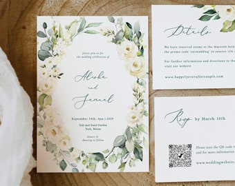 White Rose Wedding Invitation Template Floral editable wedding invitation Printable Wedding Invitation Instant Download Editable Rose Lisa