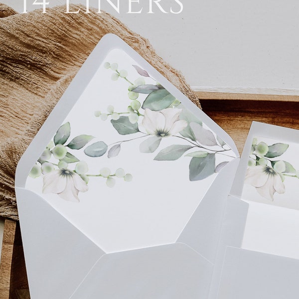 Soft Greenery Envelope Liner Template Green leaves Envelope Liner White floral Envelope Liner Garden Printable envelope A7 C5 C6 A6 A9 A1