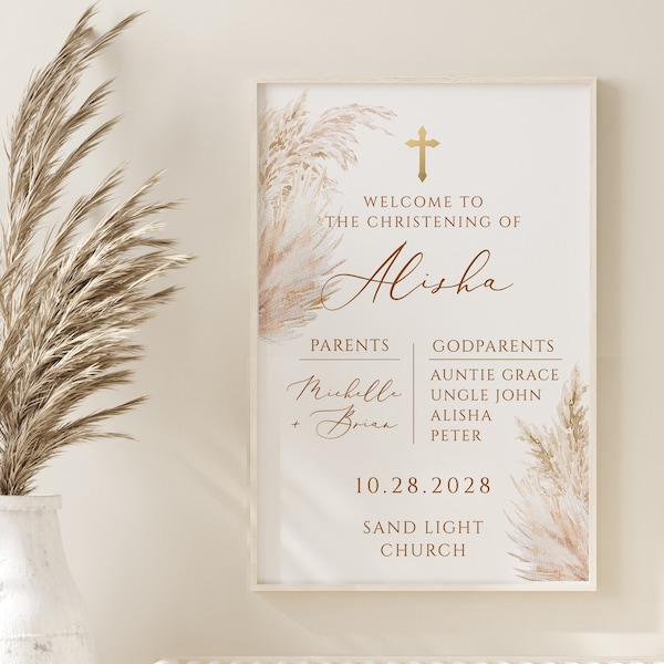 Pampas grass Christening welcome Sign Template gold cross Christening welcome  pampas grass Christening Welcome Sign Printable Bohemian sign