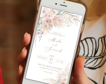 Boho Mobile Hochzeitseinladung digitale Pampasgras Hochzeitseinladung elektronische goldene Hochzeitseinladung Boho Boho Hochzeit Telefon Textkarte