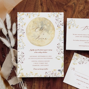 Full Moon Wedding Invitation Set Template Autumn Floral Wedding Invitation Autumn garden and moon wedding invitation card set Moon invite