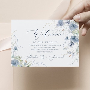 Cartão de boas-vindas azul empoeirado, hotel de casamento, cartão de boas-vindas para convidados, modelo de etiqueta de saco de boas-vindas, aço azul floral, boas-vindas, impressão, etiqueta de saco de agradecimento