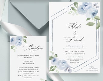 May include: Wedding invitation suite with a watercolor floral design in shades of blue and green. The invitation features a hexagonal frame with a silver border and the couple's names, "Alisha & Samuel", in elegant calligraphy. The RSVP card includes a blue floral design and the text "Kindly reply by July 10th".