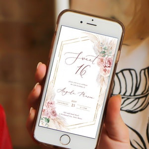 digitale Sweet 16 Geburtstagskarte Vorlage Blush Boho Sweet 16 Telefon Textkarte Email Karte gold und rosa Geburtstagskarte elektronische Sweet 16 Party
