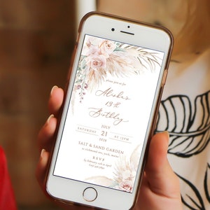 mobile Blush boho biglietto d'auguri testo biglietto d'auguri digitale elettronico festa rosa polveroso invito pampas erba boho compleanno telefono festa