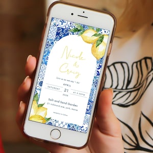 Lemon and Blue tile digital wedding invite Lemon and arhc tile phone wedding invitation electronic wedding invite wedding phone text card