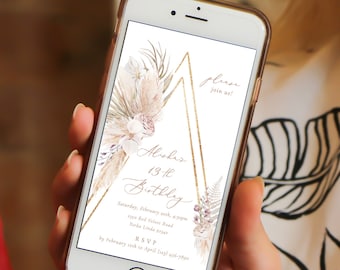 digital Blush orchid birthday card,Text electronic gold teepee party Invitation,pampas grass boho birthday party, phone Invitation tropical