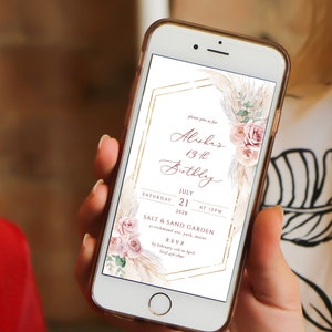 digitale Blush Boho Geburtstagskarte Handy Geburtstagskarte Text elektronischer Goldrahmen Party Einladung Pampas Gras Boho Geburtstagsparty Telefon
