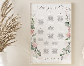 Blush Floral Wedding Seating Chart,Greenery Watercolor Seating Plan,Editable Seating Template,Wedding Seating Plan, seating Sign,Gracey