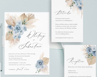 Dusty Blue Wedding Invitation Steel Blue Invitation set eucalyptus Pampas invitation Palm Leaf Invitation Bohemian blue floral wedding rsvp