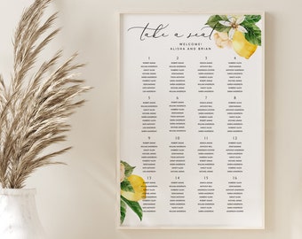 May include: A printable wedding seating chart with a lemon and floral design. The chart is titled "Take a seat" and includes the names "Alisha and Brian".