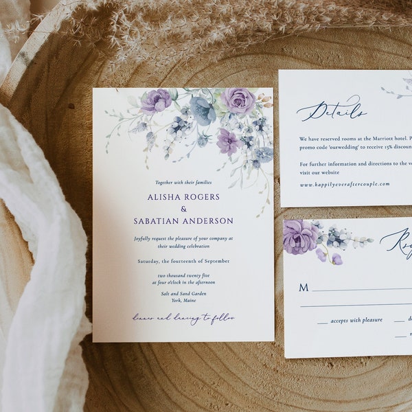 Dusty blue and purple Wedding Invitation suite Template steel blue floral wedding invitation lavender flower Wedding Invitation card set