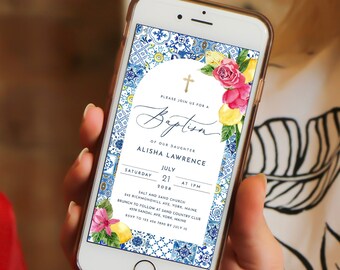 baptism Electronic Invitation Template blue tile baptism Digital invite Italy Blue Tile text invite pink rose lemon Phone Invitation email