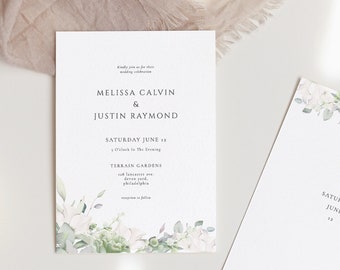 Soft Greenery Wedding Invitation set Template Green White Floral editable wedding invitation Dusty Green Rose Printable Wedding Invitation