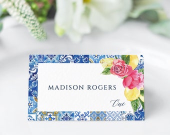 Lemon and Blue tile Place Cards Template Pink flower and lemon table name card Editable Place Card  table name tented card flat card