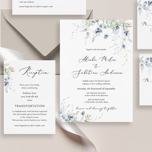 Dusty blue Wedding Invitation Template steel blue and green wedding invitation Editable blue Wedding Invitation Download template Berrie