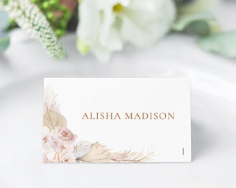 Blush Boho place card template pink floral name card Blush floral place cards Pampas grass pink Editable name card Bohemian name card