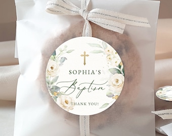 Greenery white rose Baptism round Tag template white flower Avery Favor tag white floral Green leaves thank you  sticker Gold cross baptism