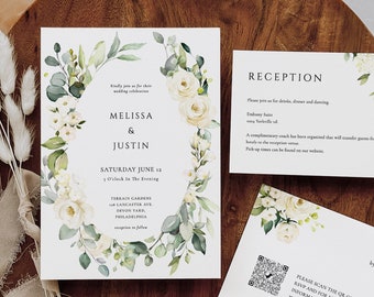 White Rose Wedding Invitation set Template  greenery White Floral wedding invitation Printable white garden Wedding Invitation Download Lisa