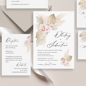 Boho Blush orchidee bruiloft uitnodiging roze roos uitnodiging pampagras uitnodiging set detail RSVP-sjabloon palmblad Boho kaart paislee