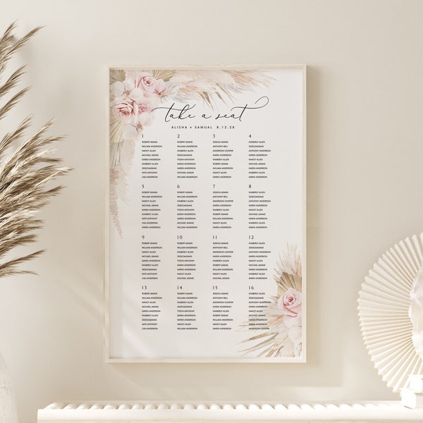 Boho Seating Chart template Blush Rose Pampas grass Seat chart  Orchid and rose Seating Sign Printable Bohemian seating poster Editable