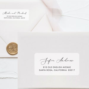 May include: Two white rectangular address labels with black text. The top label reads "Aliske and Mukul 52 Old English Avenue Santa Rosa, California 85579". The bottom label reads "Jofia Andrews 810 Old English Avenue Santa Rosa, California 83017".