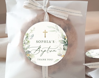 Greenery Baptism round Tag template Avery Favor circle sticker label template Green leaves thank you round sticker Gold cross baptism round