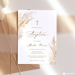 Pampa herbe blé baptême Invitation modèle Boho blé pampa baptême invite imprimable baptême inviter or croix baptême Boho