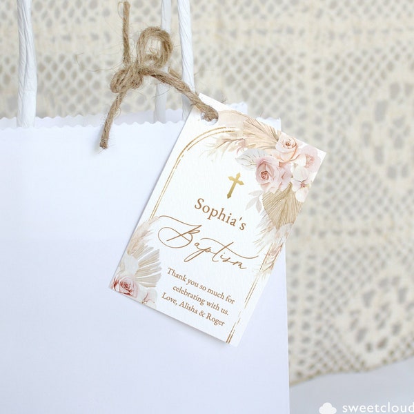 Blush rose Baptism favor tag rose gold cross Christening thank you Bag Tags Dusty pink Printable thank you Tags  pink flower thank you Tag