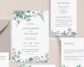 Dusty Green Invitation Green floral Wedding Invitation Vintage botanical wedding Invitation template printable Forest Green flower invite