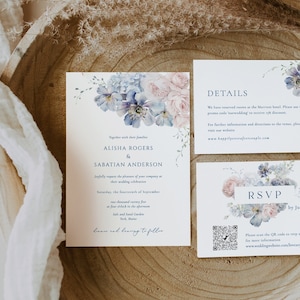 Dusty Blue Blush Rose Wedding Invitation set Steel Blue pink Floral Wedding Invitation Editable blue blush wedding Invitation blue and pink