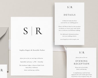 Modern Monogram Wedding Invitation Set Template Initial Minimal Invitation Printable Elegant  Wedding Invitation Wedding Simple Invitation