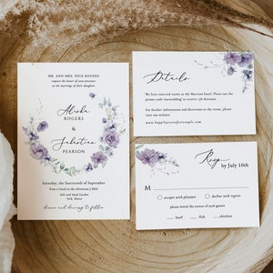Dusty Purple Kranz Hochzeitseinladung Vorlage Violett floral Einladung Flieder Lila bearbeitbare Einladung Download Einladung Beere lila