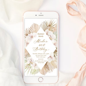 digitale Boho Orchidee Geburtstagskarte, Text elektronische Palmblatt Party Einladung, Pampas Gras Boho Geburtstagsparty, Telefon Einladung Tropical