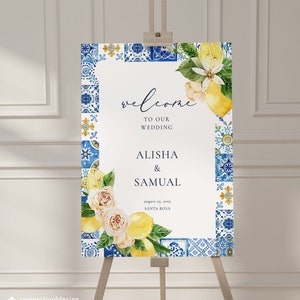 Blue tile and Lemon wedding Welcome Sign peach Rose and lemon wedding welcome poster Template Mediterranean welcome Sign Printable MEARL