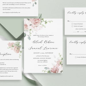 Modèle de faire-part de mariage rose poudré Faire-part de mariage modifiable floral Blush Faire-part de mariage imprimable feuille verte à télécharger Gracey