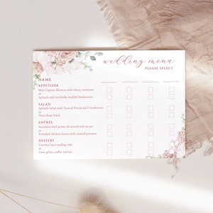 Tarjeta de selección de menú floral rosa polvoriento Tarjeta de elección de menú Plantilla de opción de menú de boda Menú de flores de rubor imprimible Menú rosa rosa atardecer editable