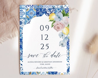 Lemon Save the Date blush rose Italy Blue Tile save our date Lemon Wedding Save date Citrus save the date template Mediterranean tile MearlM
