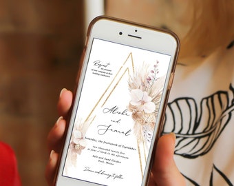 boho mobile invite digital Pampas grass wedding invitation electronic gold wedding invitation bohemian boho wedding phone Invitation  text