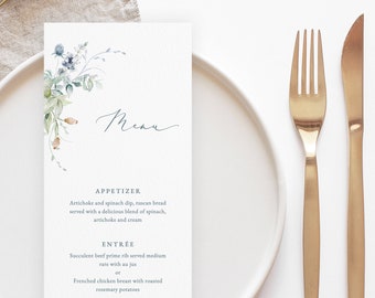 Dusty Blue Wedding Menu Template Steel blue wedding Menu Printable Greenery floral menu Editable winter Menu Instant Download Dinner Berrie