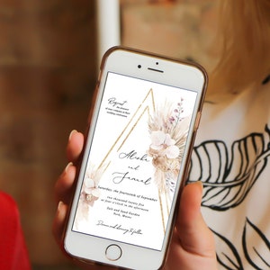 boho mobile Einladung digitale Pampasgras Hochzeitseinladung elektronisch Goldhochzeitseinladung boho Einladungstext boho