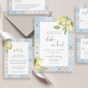 Conjunto de convite azulejo macio azulejo modelo de convite de casamento limão azul celeste e laranja convite cartão mediterrâneo azul e amarelo Mara