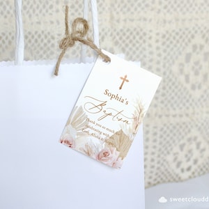 Blush roseBaptism favor tag rosa ouro cruz batismo obrigado Etiquetas de bolsa Rosa empoeirado para impressão Obrigado Tags flor rosa obrigado Tag